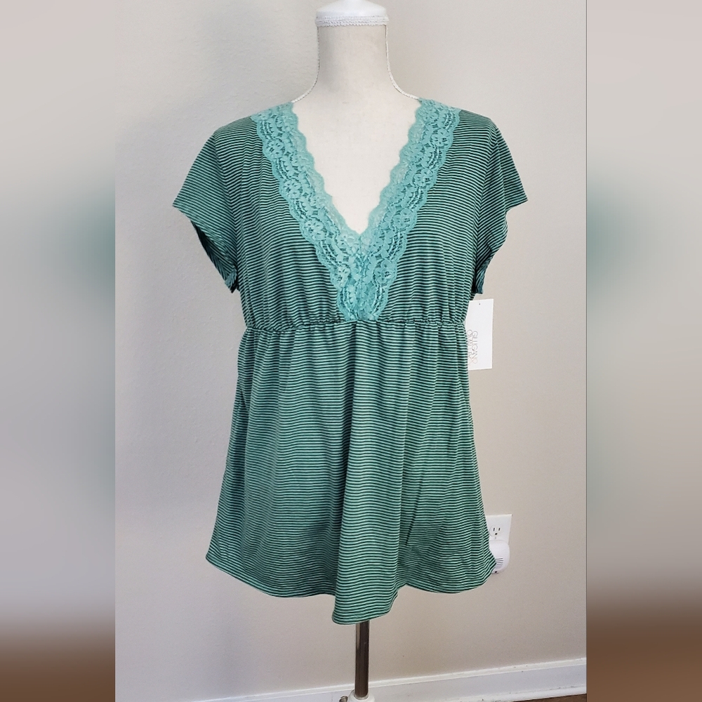 2 Piece Set Gilligan & O'Malley Turqouise Striped Lace Trimmed Sleep Wear
